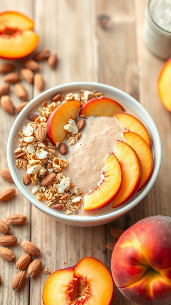 Peach almond smoothie bowl topped with granola, almonds, and peach slices on a wooden table.